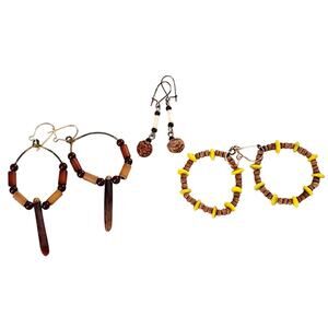 Vintage Hand-Crafted Wooden Beads Earring Lot of 3 Bohemian Beach Style Nautural